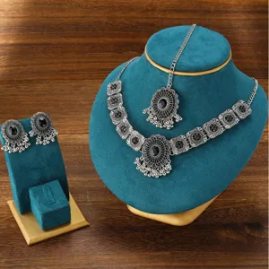 Indian vintage oxidized silver statement necklace earrings and maang tikka jewelry set