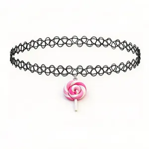 Black stretchy tattoo choker necklace featuring a cute pink and white lollipop pendant fashion style.