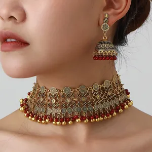 Bohemian Ethnic Style Alloy Necklace And Earrings Set Retro Flower Rhinestone Tassel Jewelry Set For Women Party