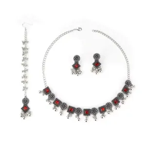 Bohemian ethnic style necklace earrings and head chain jewelry set with red crystal stones.