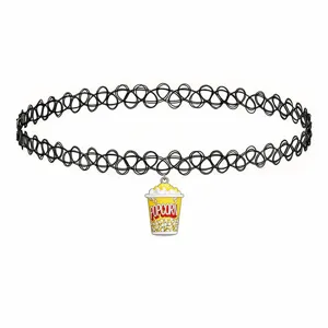 Black stretchy tattoo choker necklace featuring a cute popcorn bucket pendant fashion jewelry.