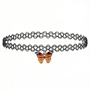 Black tattoo choker necklace with cute orange butterfly pendant, trendy Y2K fashion jewelry.