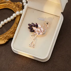 Elegant rhinestone flamingo brooch for women, luxury crystal lapel pin, fashion jewelry gift.