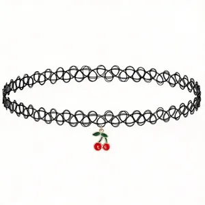 Detailed view of black tattoo choker necklace with cute cherry pendant for women.