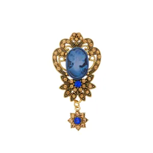 Vintage blue cameo brooch elegant crystal rhinestone gold tone ornate lapel pin detail