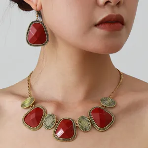 Vintage Ethnic Style Alloy Necklace And Earrings Set Geometric Resin Statement Jewelry For Women Party