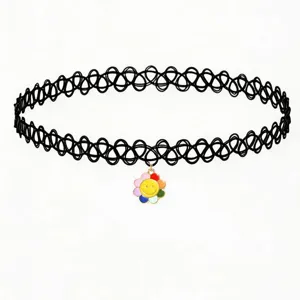 Black tattoo choker necklace with colorful smiley flower pendant, cute fashion jewelry.