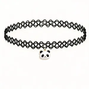 Black tattoo choker necklace with cute panda pendant for women fashion daily wear jewelry