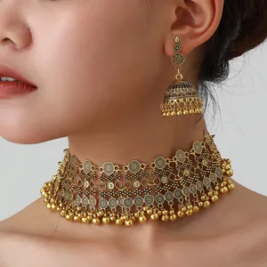 Bohemian ethnic antique gold alloy choker necklace and traditional jhumka earrings set