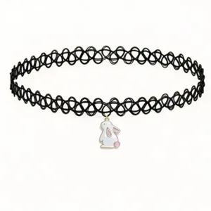 Cute white bunny pendant black tattoo choker necklace, sweet stylish jewelry for women girls.
