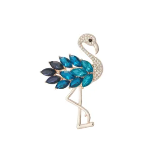 Elegant crystal rhinestone flamingo brooch pin detailed close-up shot showcasing blue gems.