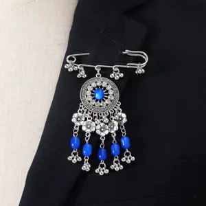 Spilla vintage etnica argento con perline blu e cristalli lucidi per donna accessorio