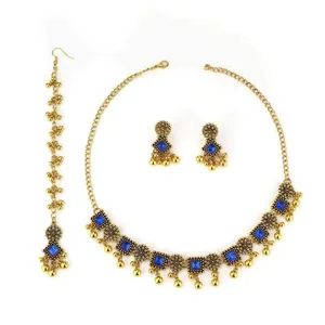 Exquisite bohemian ethnic style necklace set featuring blue square stones and gold beads detail.