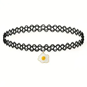 Black elastic tattoo choker necklace detail featuring a cute white fried egg pendant accessory.