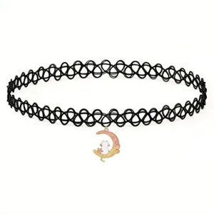 Detailed view of the black tattoo choker necklace featuring a cute cat and moon pendant.