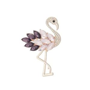 Detailed close-up view of the exquisite rhinestone flamingo brooch showcasing crystal details.