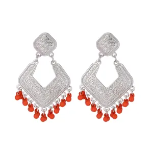 Vintage silver tone rhombus dangle earrings with red bead fringe for women boho jewelry