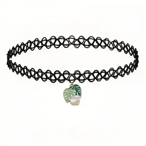 Fashion black tattoo choker necklace with cute green potted plant enamel pendant for women.