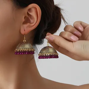 Vintage ethnic jhumka earrings with purple bead tassels, elegant drop earrings for women.