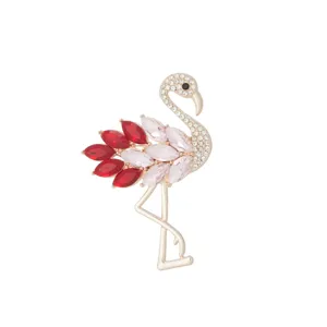 Exquisite rhinestone flamingo brooch, elegant alloy design with red crystals for fashion styling detail.