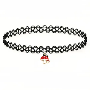Detailed view of cute black cat mushroom choker necklace, stylish fashion accessory.