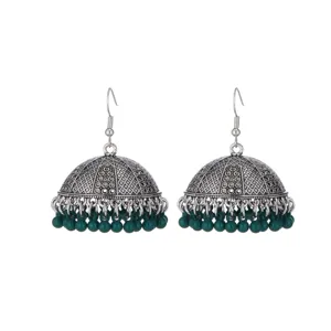 Oxidized silver Indian ethnic jhumka earrings with dark green beaded dangles for women.