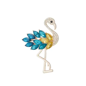 Detailed close-up of exquisite flamingo brooch adorned with blue, yellow and clear rhinestones.