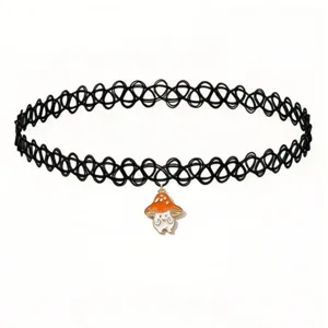 Black stretch tattoo choker necklace with cute orange mushroom pendant, fashion jewelry gift