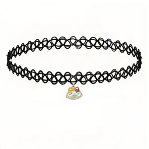 Black tattoo choker necklace with cute anime cat pendant, elastic mesh fashion jewelry.
