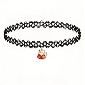 Cute lucky cat pendant black tattoo choker necklace, detailed view of the chic accessory.