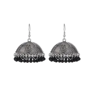Vintage ethnic silver bell jhumka earrings with black bead fringe, retro style jewelry.