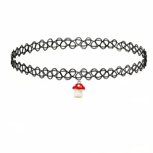 Black elastic tattoo choker necklace featuring a cute red and white mushroom pendant detail.