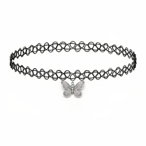 Black tattoo choker necklace featuring a cute silver butterfly pendant for women and girls style.