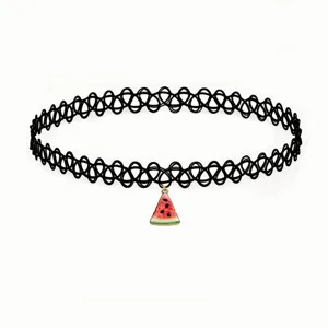 Black stretchy tattoo choker necklace featuring a cute watermelon slice pendant detail.