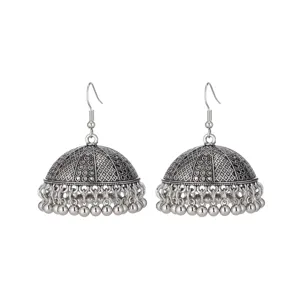 Vintage silver-toned Jhumka bell earrings with delicate filigree details and hanging bead fringe.