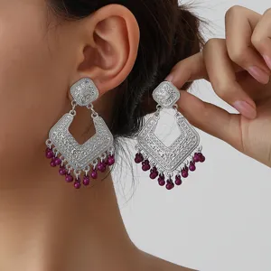 Vintage silver geometric rhombus drop earrings featuring purple bead fringe for women.