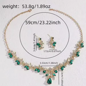 Elegante groene kristalen bloemige ketting en oorbellen set, luxe bruids sieraden.
