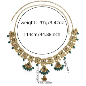 Bohemian vintage Gold Taillen Kette mit gruenen Perlen Quasten und filigranem Design.