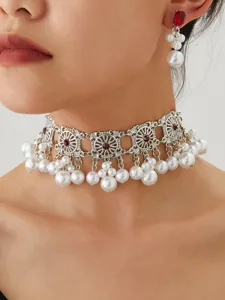 Vintage bohemian silver alloy pearl choker necklace and matching earrings detailed shot for women
