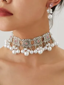 Vintage silver tone pearl choker necklace and matching dangle crystal earrings set