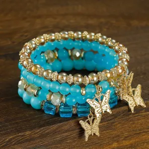 Bohemian multi-layer crystal beaded bracelet set for women with gold butterfly charms details