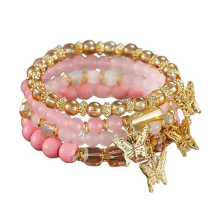 Bohemian multi-layer crystal pink bead bracelet with cute gold butterfly charms for women