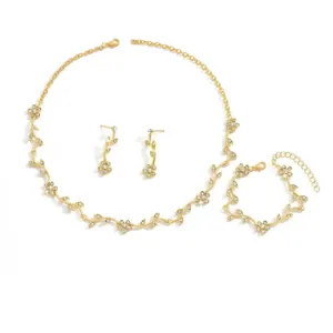 Gold rhinestone leaf necklace earrings bracelet set detailed view for fashion jewelry lovers.