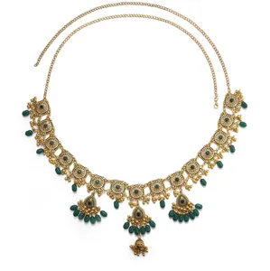 Bohemian Vintage Goldfarbene Taillenkette mit grünen Perlen und zarten Quasten Anhängern.