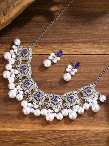 Vintage pearl necklace and earrings set boho alloy blue crystal statement jewelry detail