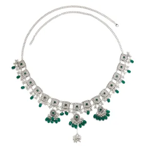 Böhmische vintage silberne Taillenkette mit grünen Perlen Tropfen ethnischer Körperschmuck