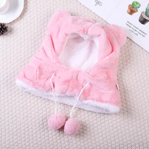 Cute kids winter warm plush hat with cat ears and pom pom fleece lined pink beanie cap