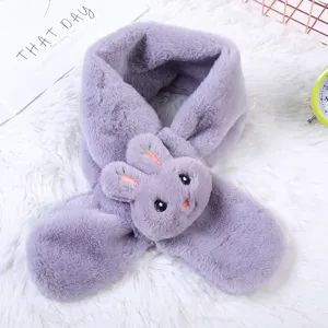 Kids plush winter scarf with cute rabbit embroidery and soft warm purple fleece fabric.