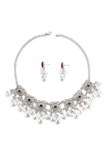 Exquisite vintage alloy pearl necklace and earrings set with red stone details for women.