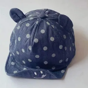 Cute baby denim baseball cap with bear ears polka dots and cute smile embroidery for summer.